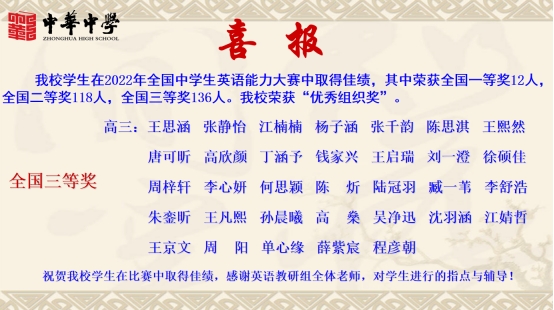 2022年全国中学生英语能力大赛喜报！